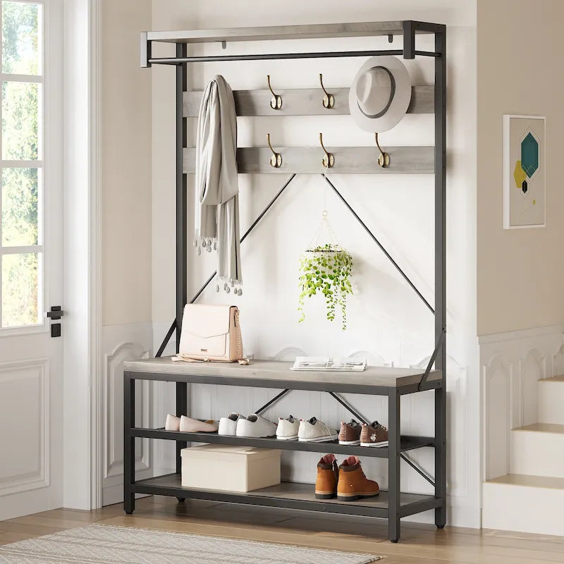 Industrial Storage Shoe Bench, 72 Mudroom Hall Tree with 8 Hanging Hooks