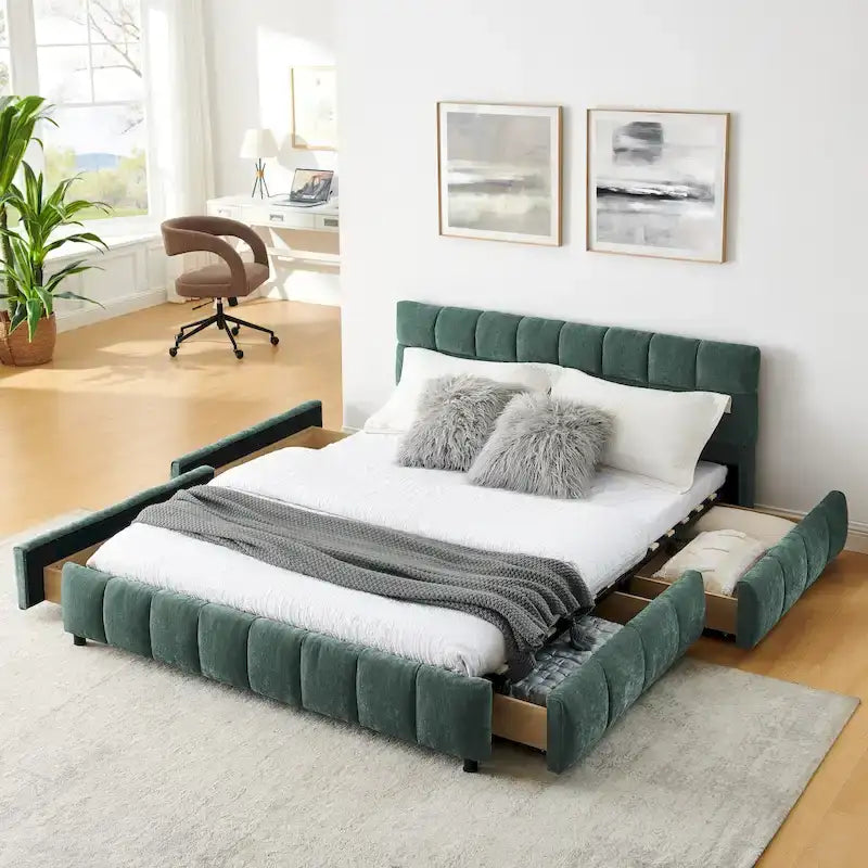 Queen Platform Bed with Chenille Fabric, Soft Headboard & Built-In Drawers