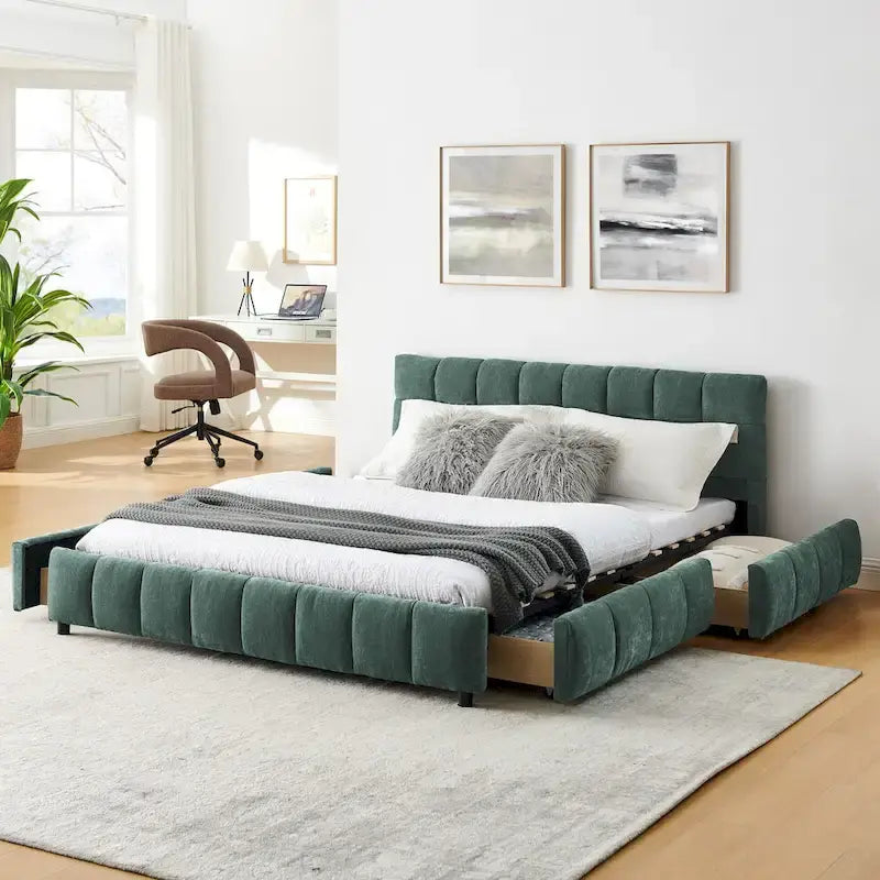 Queen Platform Bed with Chenille Fabric, Soft Headboard & Built-In Drawers