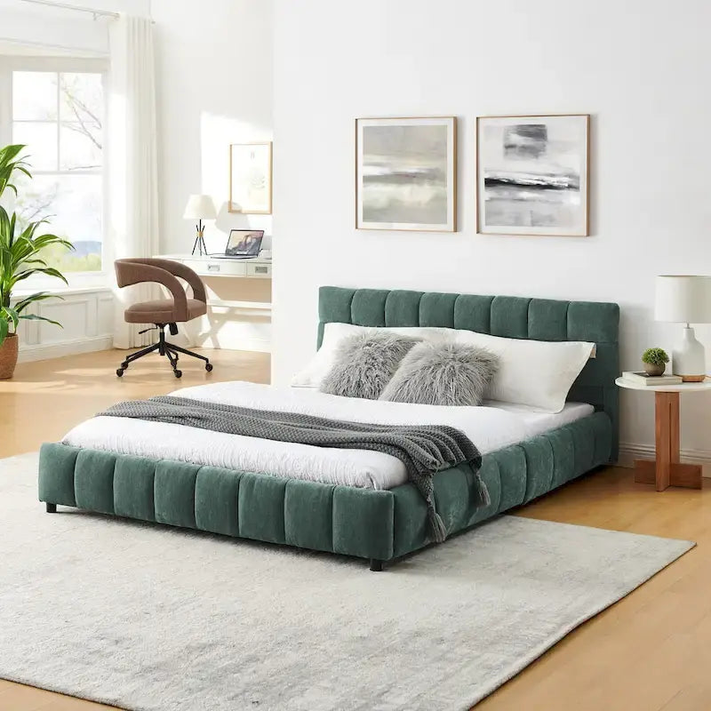Queen Platform Bed with Chenille Fabric, Soft Headboard & Built-In Drawers