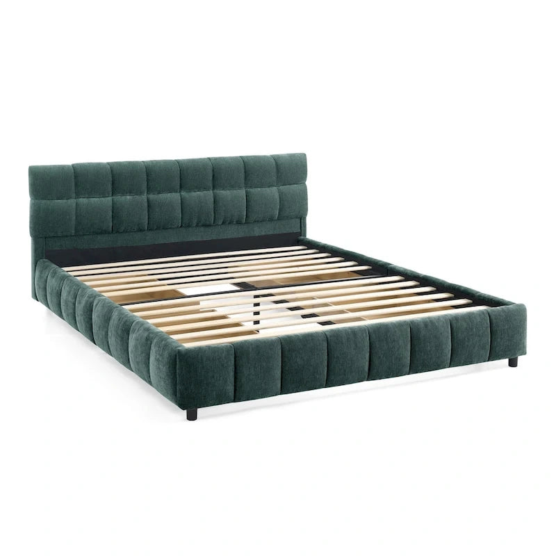 Queen Platform Bed with Chenille Fabric, Soft Headboard & Built-In Drawers