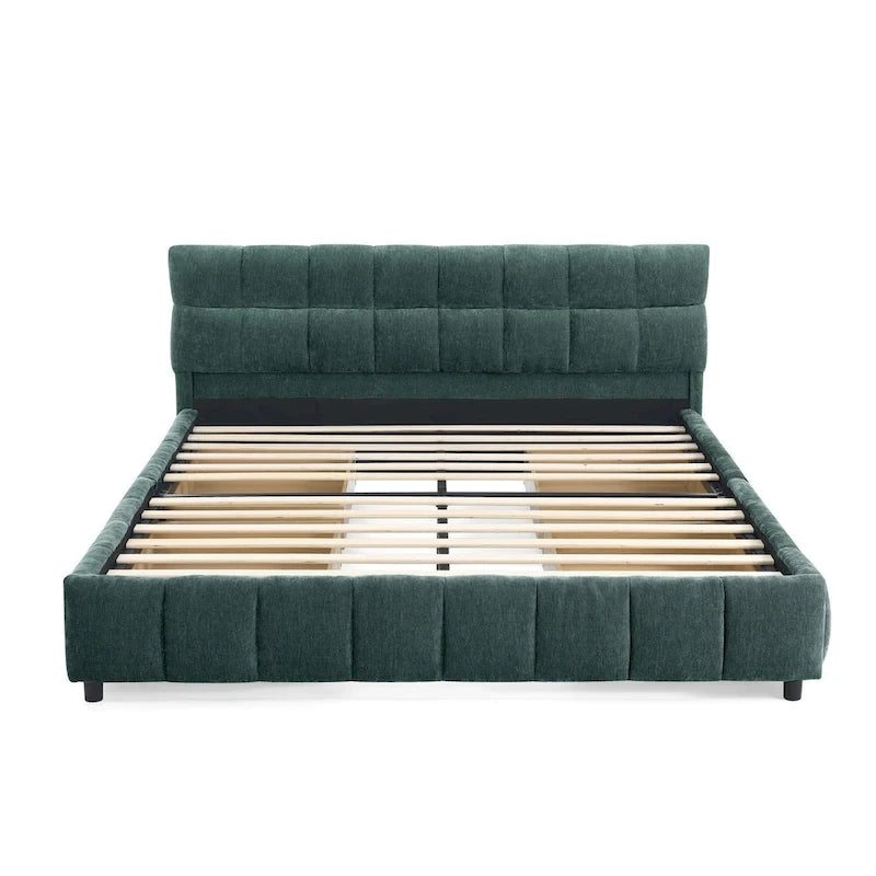 Queen Platform Bed with Chenille Fabric, Soft Headboard & Built-In Drawers