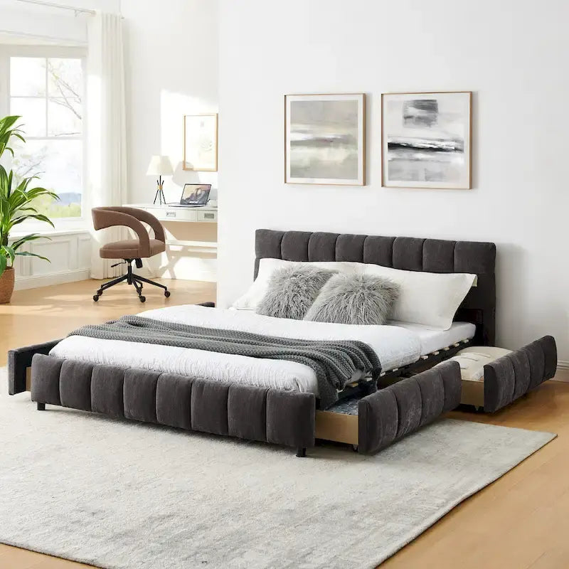 Queen Platform Bed with Chenille Fabric, Soft Headboard & Built-In Drawers