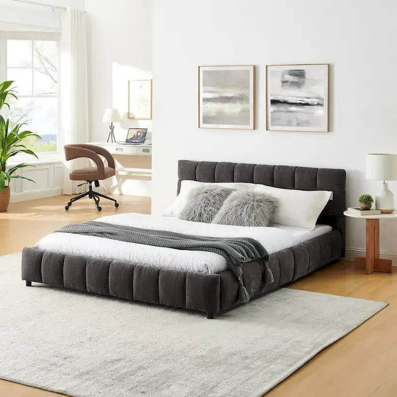 Queen Platform Bed with Chenille Fabric, Soft Headboard & Built-In Drawers