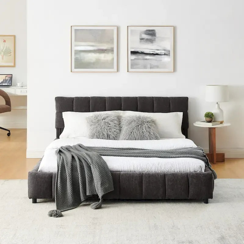 Queen Platform Bed with Chenille Fabric, Soft Headboard & Built-In Drawers