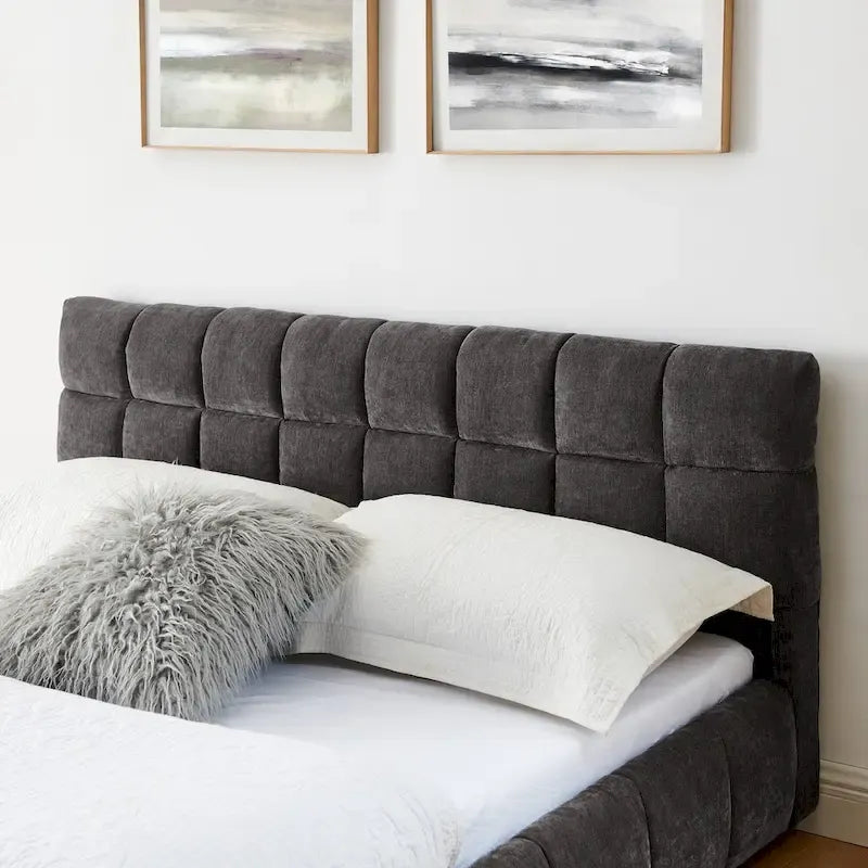 Queen Platform Bed with Chenille Fabric, Soft Headboard & Built-In Drawers