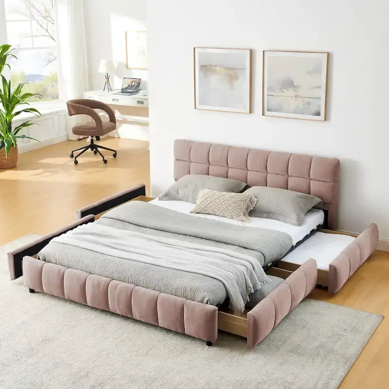 Queen Platform Bed with Chenille Fabric, Soft Headboard & Built-In Drawers
