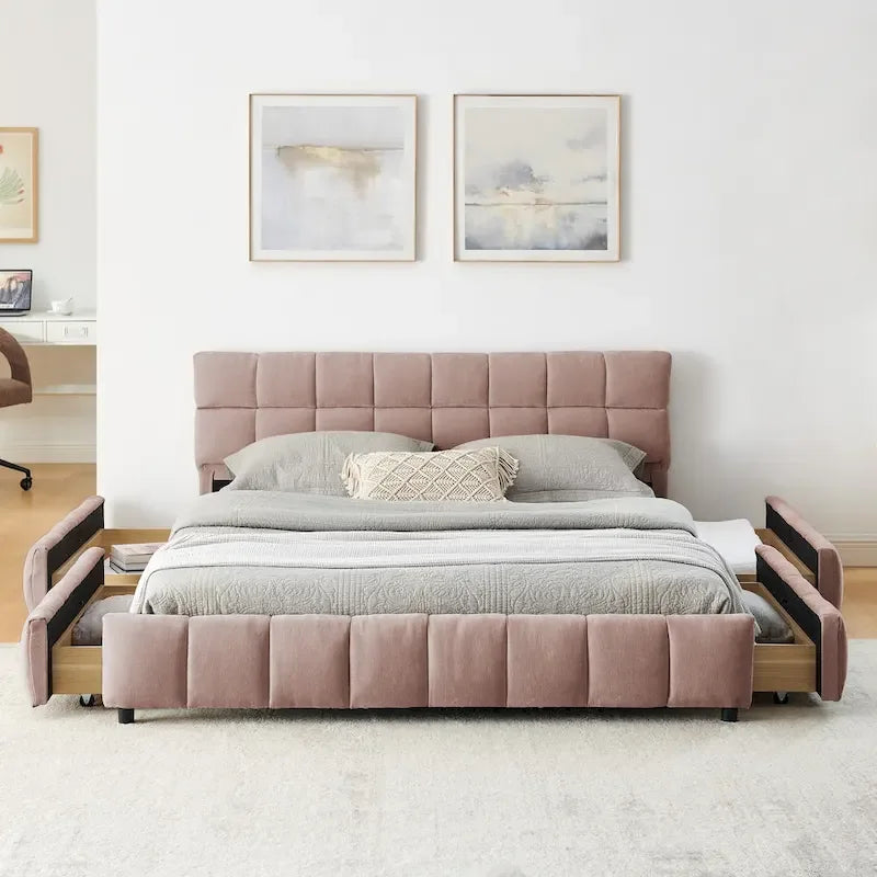 Queen Platform Bed with Chenille Fabric, Soft Headboard & Built-In Drawers