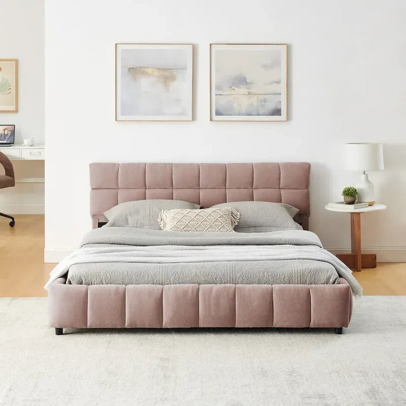 Queen Platform Bed with Chenille Fabric, Soft Headboard & Built-In Drawers