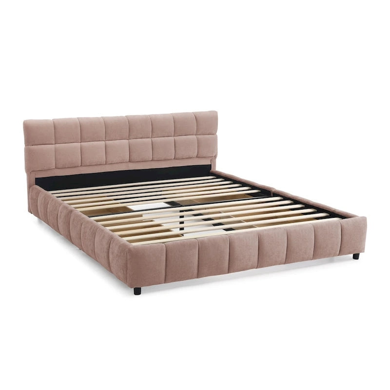 Queen Platform Bed with Chenille Fabric, Soft Headboard & Built-In Drawers