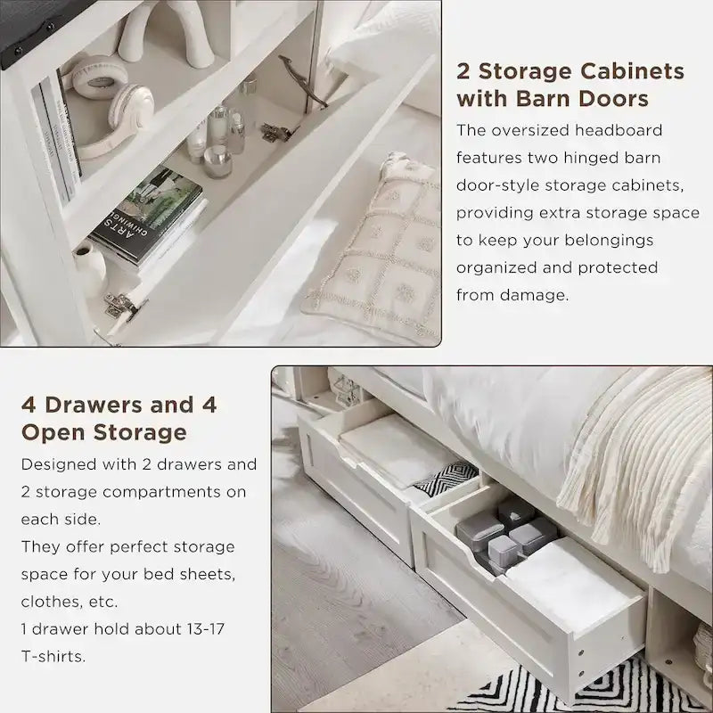 Farmhouse King Size Wood Bed Frame with Storage Headboard and Drawers