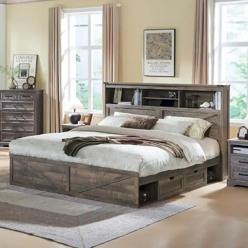 Farmhouse King Size Wood Bed Frame with Storage Headboard and Drawers