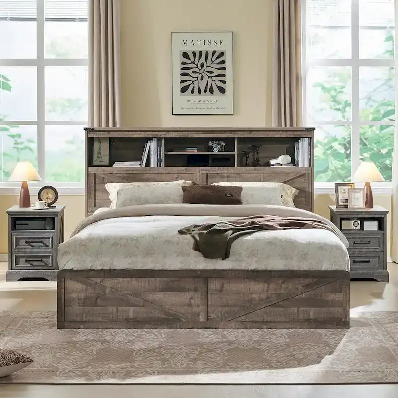 Farmhouse King Size Wood Bed Frame with Storage Headboard and Drawers
