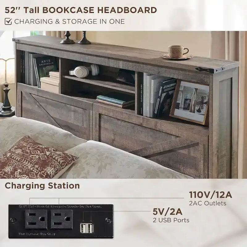 Farmhouse King Size Wood Bed Frame with Storage Headboard and Drawers