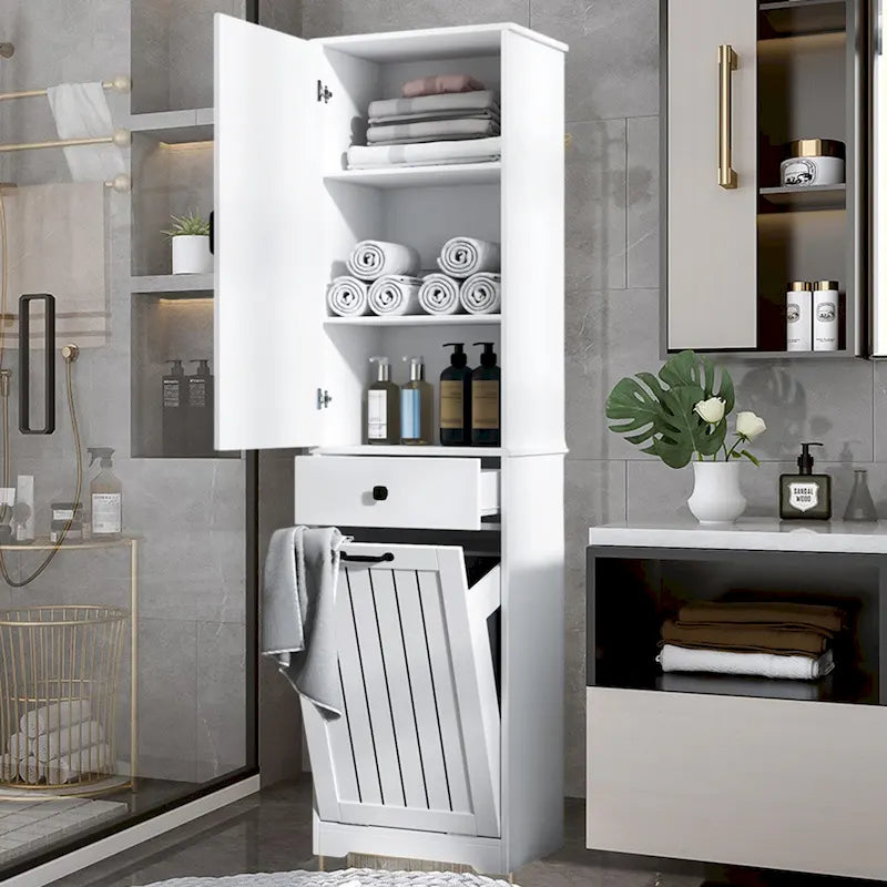 Laundry Cabinet With Doors And 1 Drawer, Tilt-Out Laundr Hamper, Adjustable Shelf, Linen Cabinet