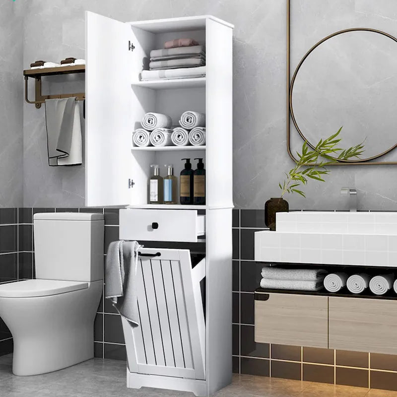 Laundry Cabinet With Doors And 1 Drawer, Tilt-Out Laundr Hamper, Adjustable Shelf, Linen Cabinet