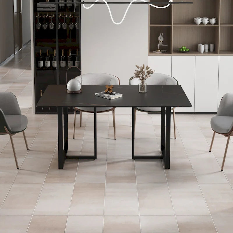 Black Modern 63L x 35W Rectangular Marble Dining Table with Steel Legs