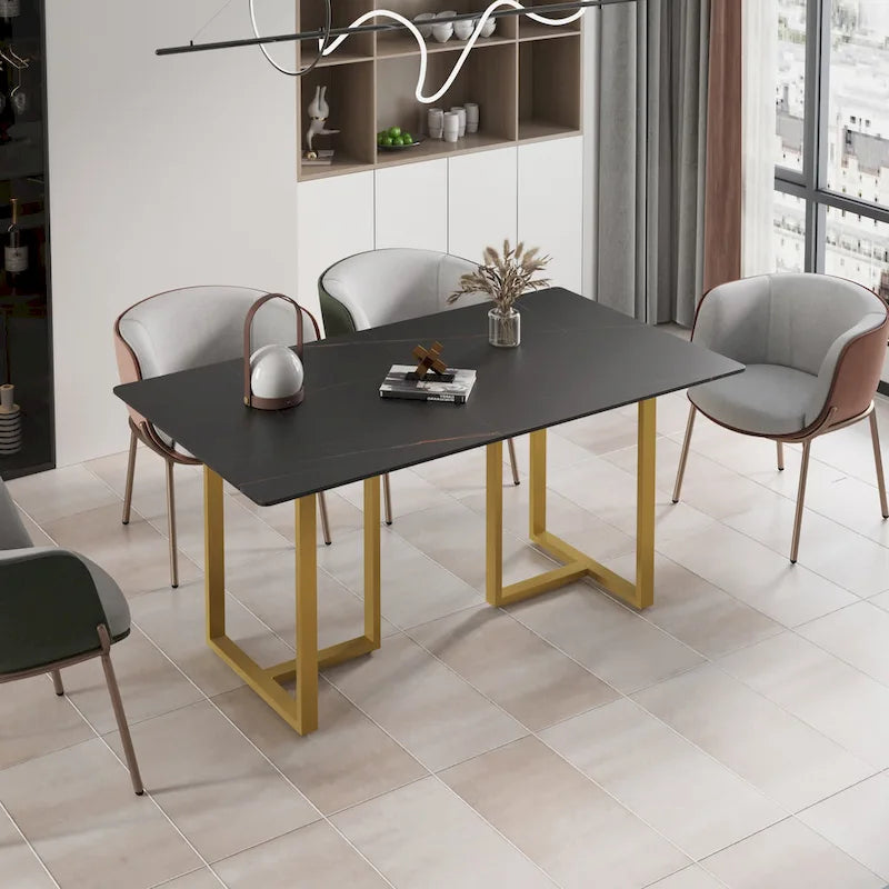 Black Modern 63L x 35W Rectangular Marble Dining Table with Steel Legs
