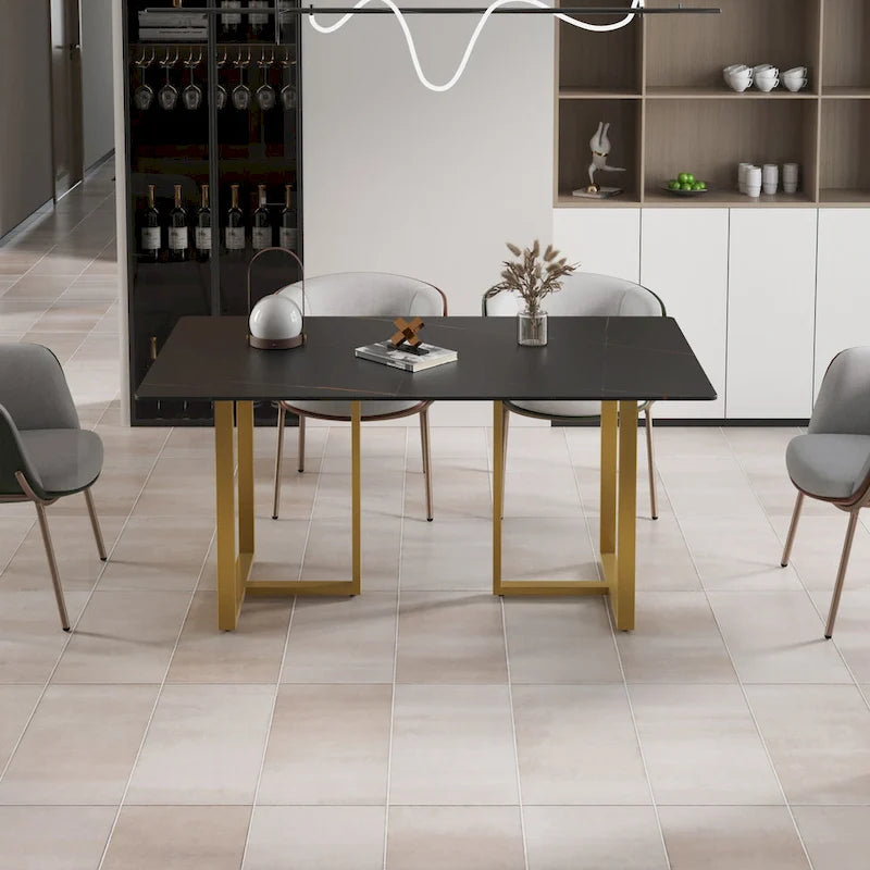 Black Modern 63L x 35W Rectangular Marble Dining Table with Steel Legs