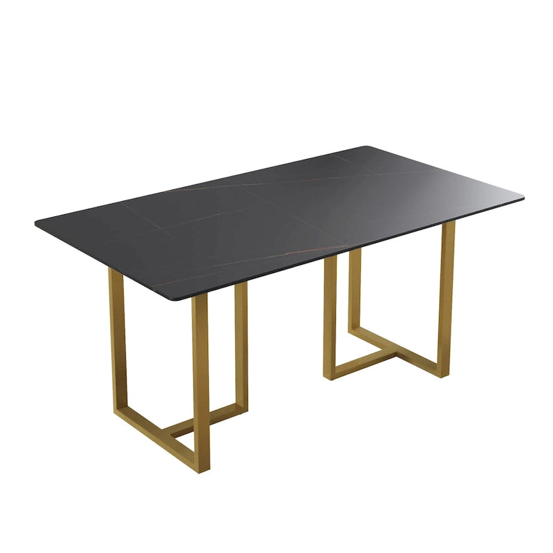 Black Modern 63L x 35W Rectangular Marble Dining Table with Steel Legs