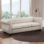 Chesterfield-Leinensofa mit Knopfheftung und gerollten Armlehnen