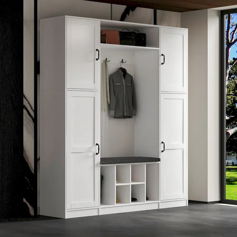 Large Entryway Storage with Hall Tree Shoe Bench and Accent Cabinets