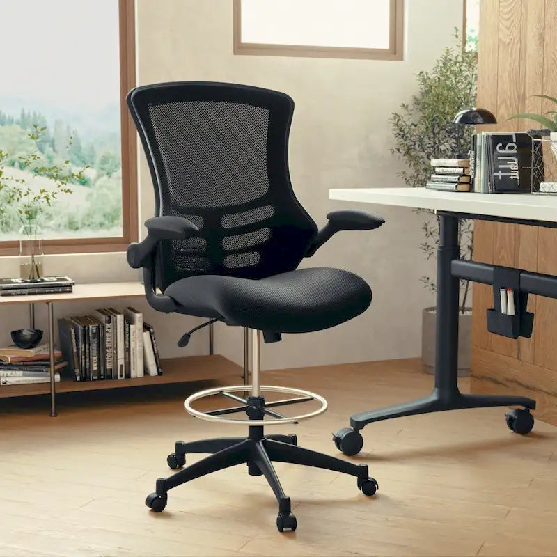 Mid-Back Ergonomic Drafting Chair with Adjustable Foot Ring and Flip-Up Arms