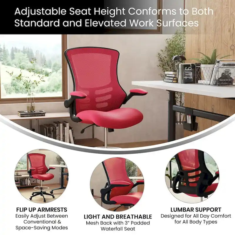 Mid-Back Ergonomic Drafting Chair with Adjustable Foot Ring and Flip-Up Arms