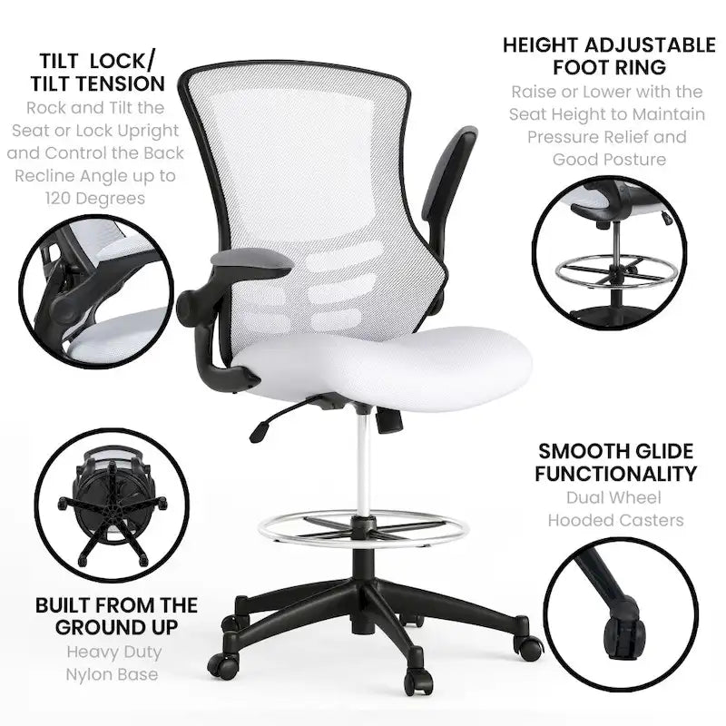 Mid-Back Ergonomic Drafting Chair with Adjustable Foot Ring and Flip-Up Arms