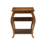 Mesa de apoio de madeira com prateleiras de arrumação abertas