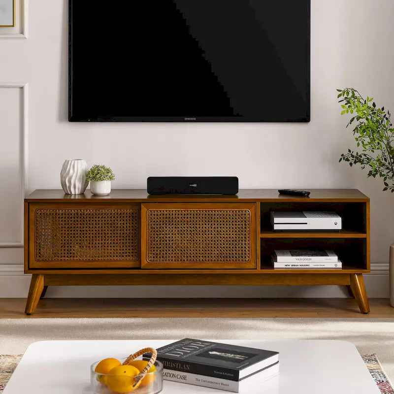 59 Inch Mid Century Modern Rattan TV Stand for 65 Inch TV