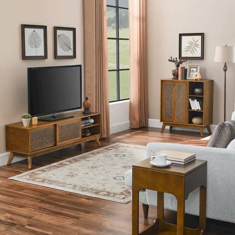 59 Inch Mid Century Modern Rattan TV Stand for 65 Inch TV