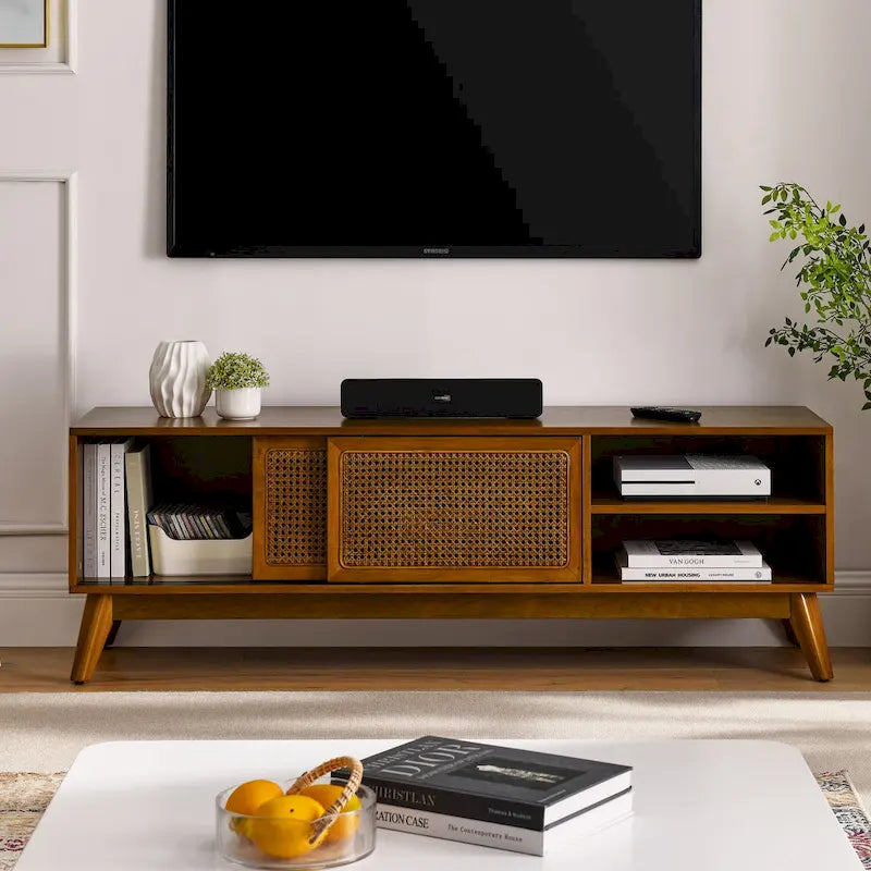 59 Inch Mid Century Modern Rattan TV Stand for 65 Inch TV