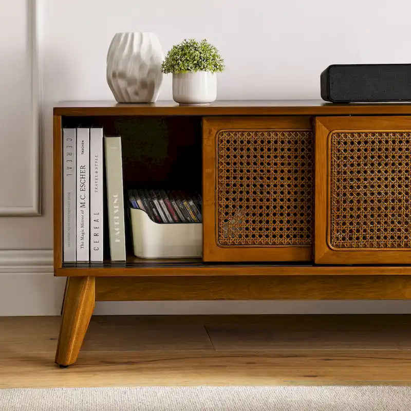 59 Inch Mid Century Modern Rattan TV Stand for 65 Inch TV
