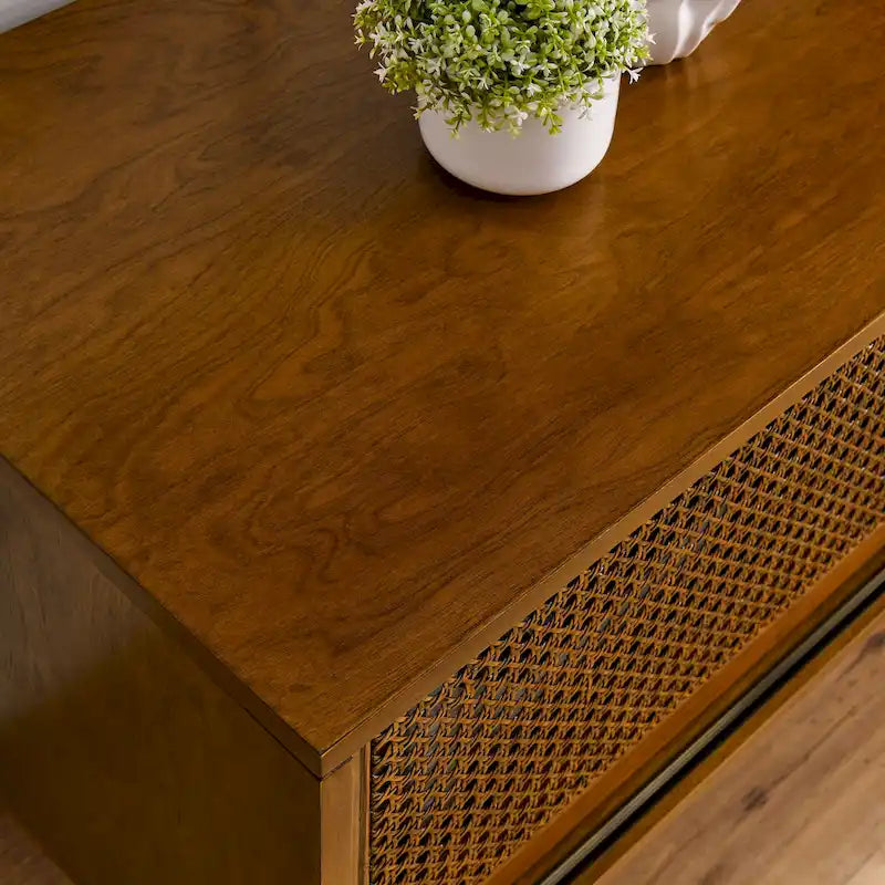 59 Inch Mid Century Modern Rattan TV Stand for 65 Inch TV
