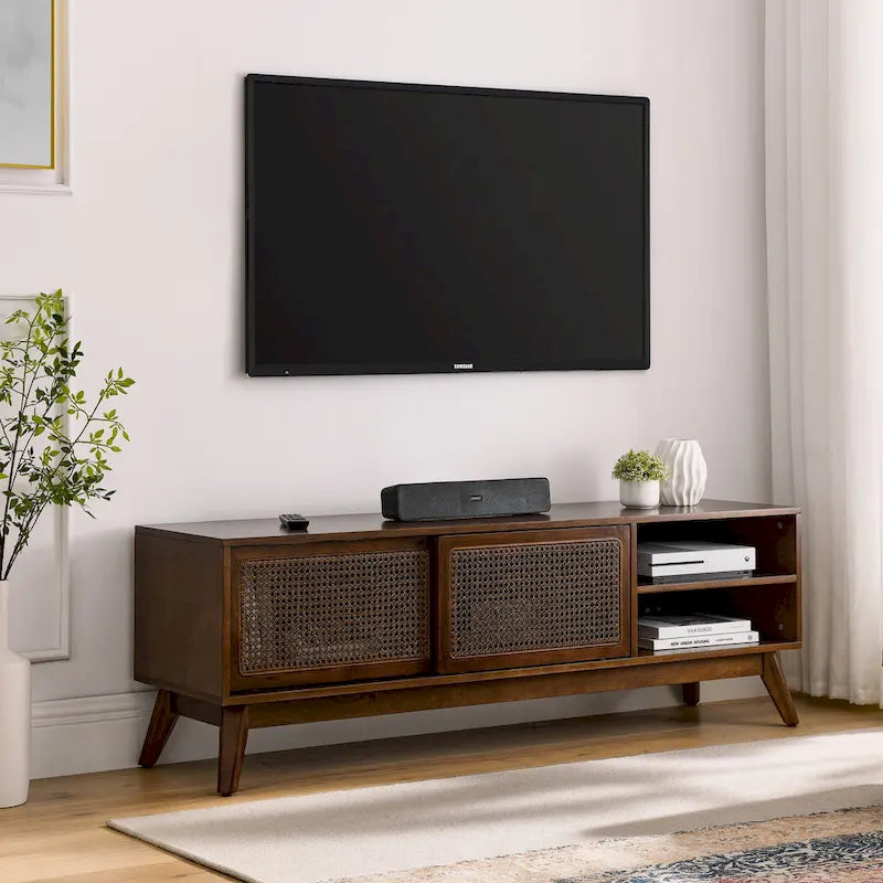 59 Inch Mid Century Modern Rattan TV Stand for 65 Inch TV