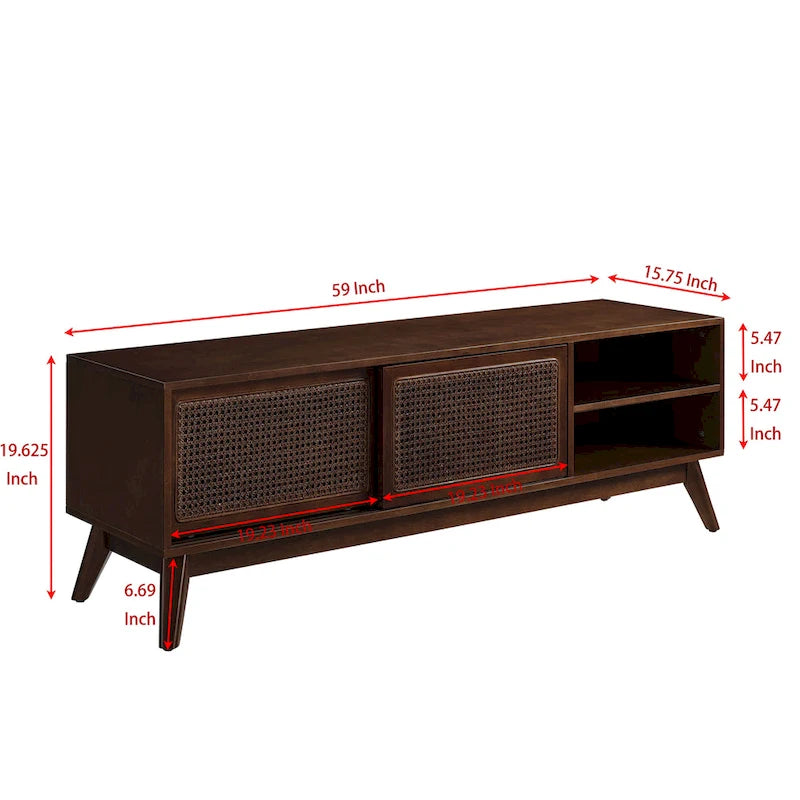 59 Inch Mid Century Modern Rattan TV Stand for 65 Inch TV
