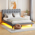 Queen Size Velvet Platform Bed with LED Frame, Thick & Soft Fabric and Button-tufted Design Headboard