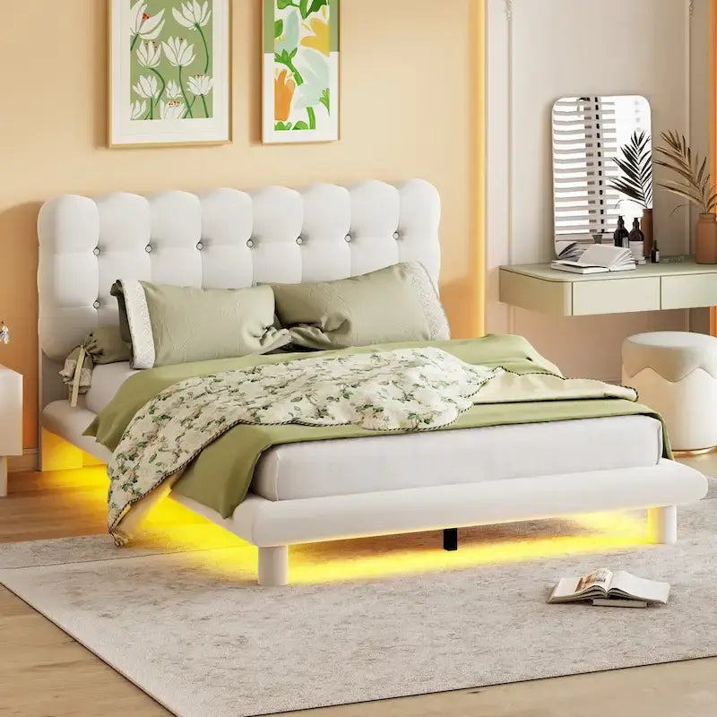 Roomfitters Queen Size Velvet Platform Bed with LED Frame, Thick & Soft Fabric and Button-tufted Design Headboard