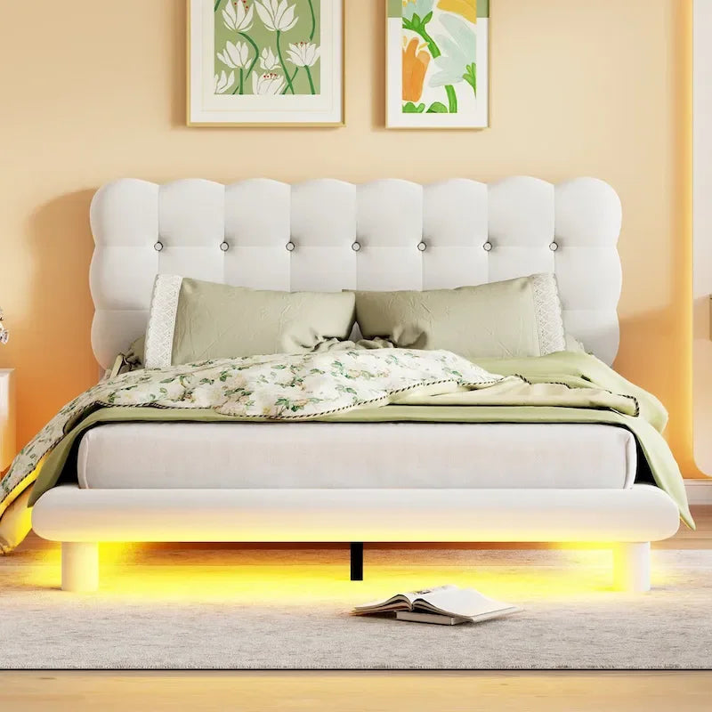 Queen Size Velvet Platform Bed with LED Frame, Thick & Soft Fabric and Button-tufted Design Headboard