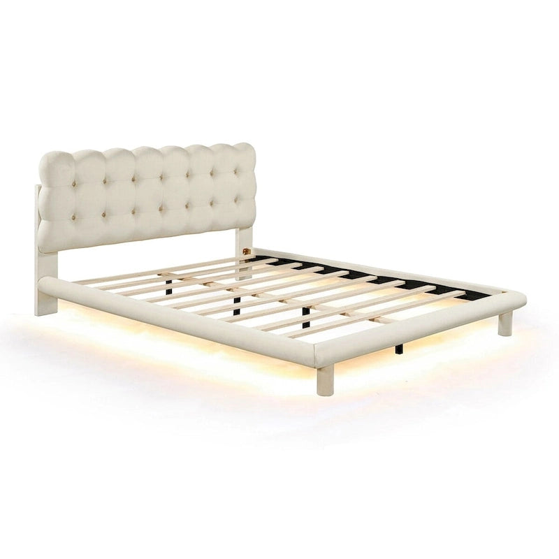 Queen Size Velvet Platform Bed with LED Frame, Thick & Soft Fabric and Button-tufted Design Headboard