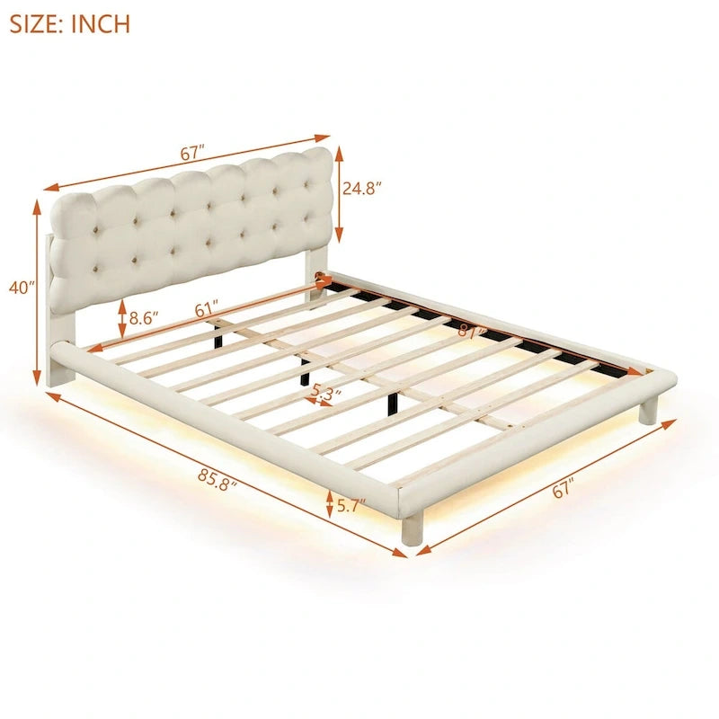 Queen Size Velvet Platform Bed with LED Frame, Thick & Soft Fabric and Button-tufted Design Headboard