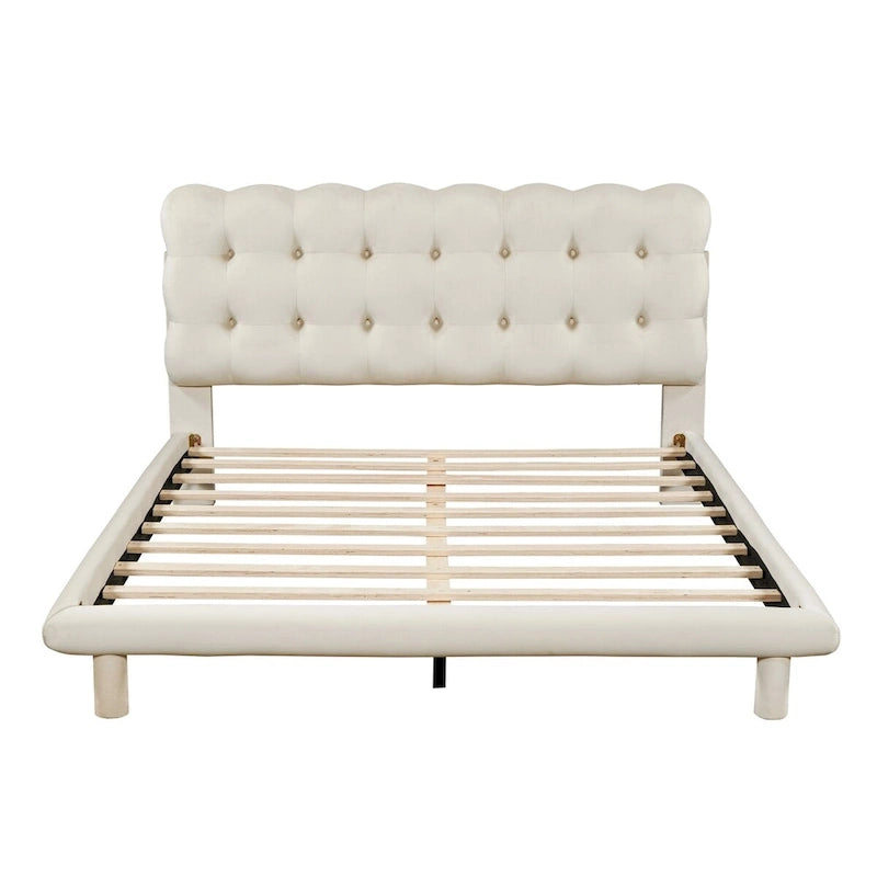 Queen Size Velvet Platform Bed with LED Frame, Thick & Soft Fabric and Button-tufted Design Headboard