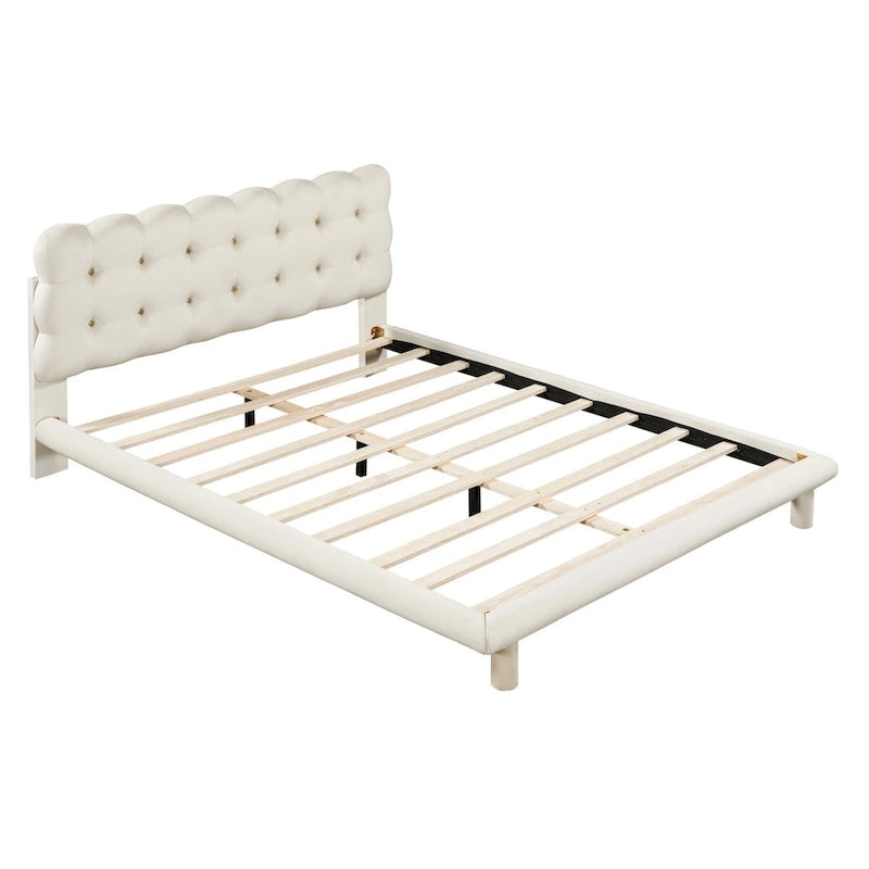 Queen Size Velvet Platform Bed with LED Frame, Thick & Soft Fabric and Button-tufted Design Headboard