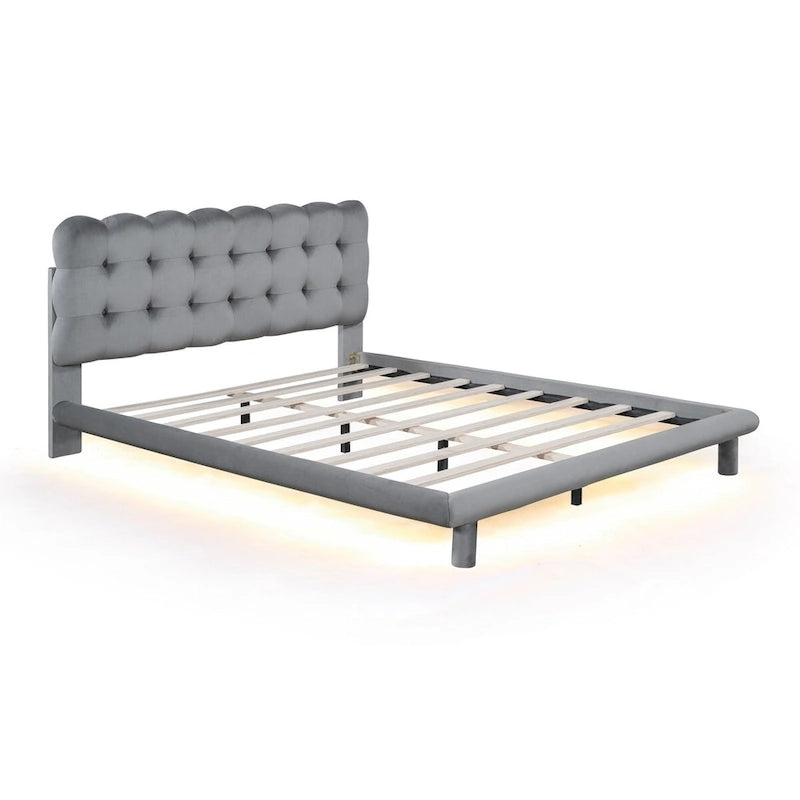 Queen Size Velvet Platform Bed with LED Frame, Thick & Soft Fabric and Button-tufted Design Headboard