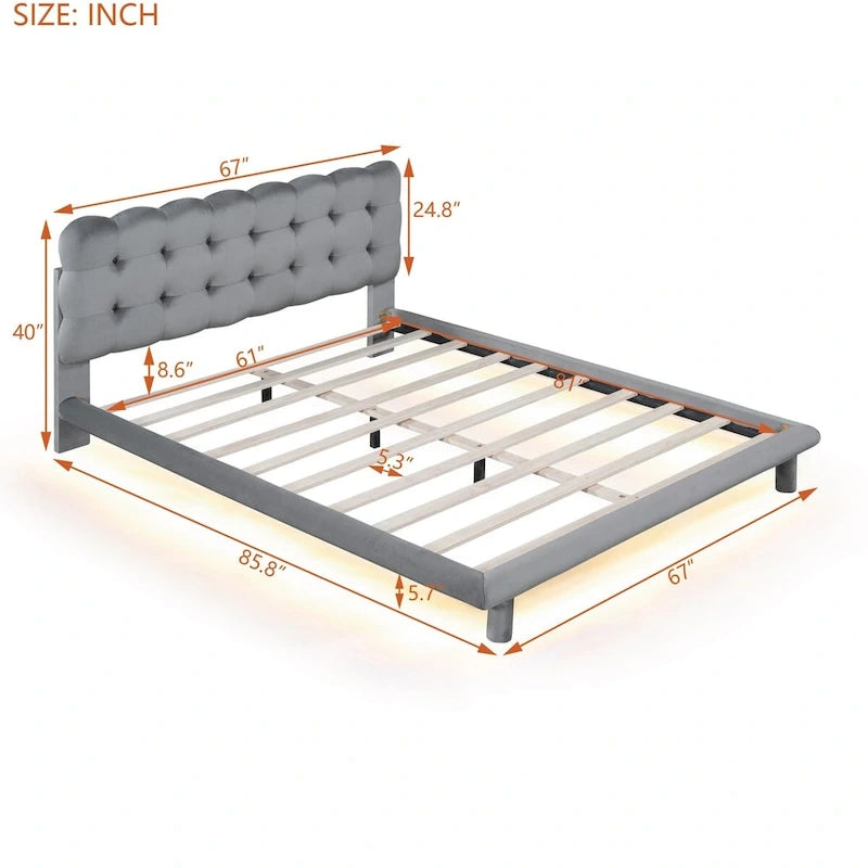 Queen Size Velvet Platform Bed with LED Frame, Thick & Soft Fabric and Button-tufted Design Headboard