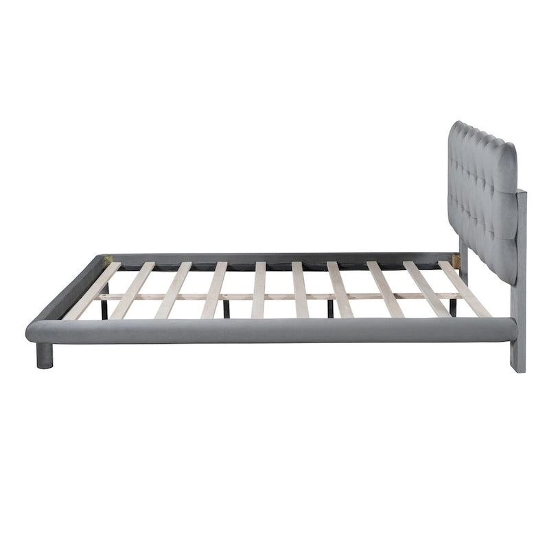Queen Size Velvet Platform Bed with LED Frame, Thick & Soft Fabric and Button-tufted Design Headboard