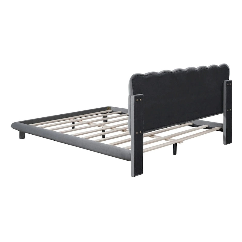 Queen Size Velvet Platform Bed with LED Frame, Thick & Soft Fabric and Button-tufted Design Headboard