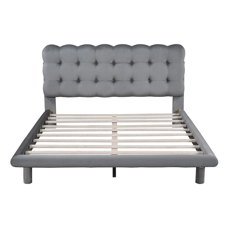 Queen Size Velvet Platform Bed with LED Frame, Thick & Soft Fabric and Button-tufted Design Headboard
