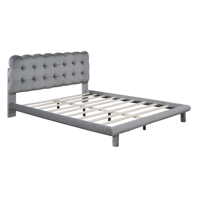 Queen Size Velvet Platform Bed with LED Frame, Thick & Soft Fabric and Button-tufted Design Headboard